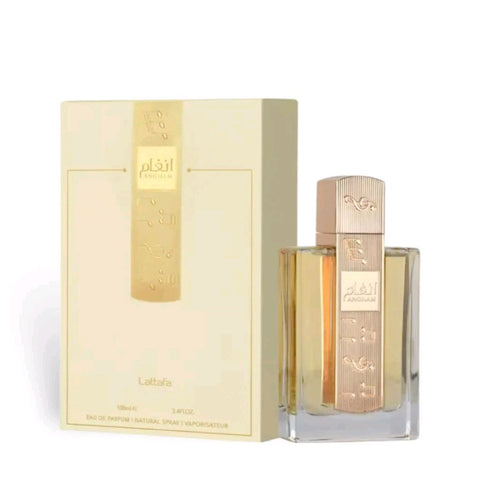 Angham 100ml by Lattafa for women and men - Top Notes: Mandarin, Ginger, Pink Pepper  Heart Notes: Praline, Lavender, Cacao  Base Notes: Musk, Amber, Vanilla