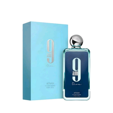 9am Dive 100ml EDP by Afnan Top Notes: Lemon, Pink Pepper, Mint, Black Currant Heart Notes: Apple, Incense, Cedar Base Notes: Patchouli, Jasmine, Ginger, Sandalwood