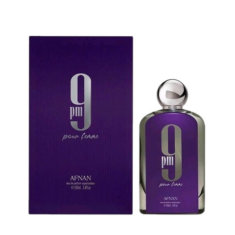 9pm Pour Femme 100ml EDP by Afnan - Top: Raspberry, Apple, Violet and Orange Heart:Rose, Iris, Peony and Jasmine Base: Cypress, Pine, Cedar and Amber.