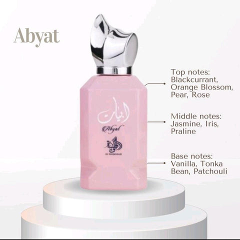 Abyat 100ml EDP by Al Wataniah - Top note: Blackcurrant, Orange Blossom, Pear, Rose  Middle note: Jasmine, Iris, Praline  Base note: Vanilla, Tonka Bean, Patchouli
