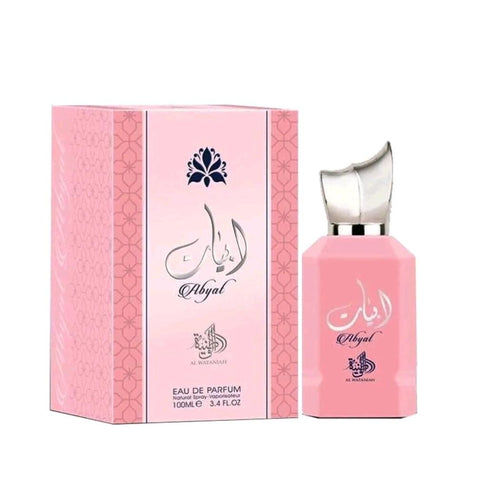 Abyat 100ml EDP by Al Wataniah - Top note: Blackcurrant, Orange Blossom, Pear, Rose  Middle note: Jasmine, Iris, Praline  Base note: Vanilla, Tonka Bean, Patchouli