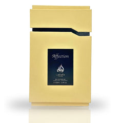 Affection Lattafa Perfumes for women and men 100ml EDP - Top notes are Pistachio, Hazelnut and Black Currant; Heart notes  Lactones, Raspberry, Jasmine and Lily of the Valley; base notes are Lactones, Vanilla and Tonka Bean.