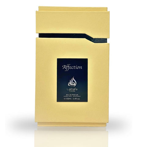 Affection Lattafa Perfumes for women and men 100ml EDP - Top notes are Pistachio, Hazelnut and Black Currant; Heart notes  Lactones, Raspberry, Jasmine and Lily of the Valley; base notes are Lactones, Vanilla and Tonka Bean.
