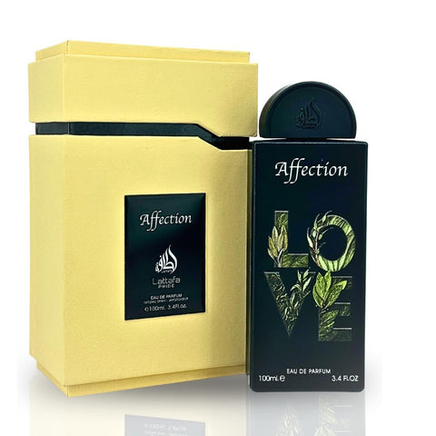 Affection Lattafa Perfumes for women and men 100ml EDP - Top notes are Pistachio, Hazelnut and Black Currant; Heart notes  Lactones, Raspberry, Jasmine and Lily of the Valley; base notes are Lactones, Vanilla and Tonka Bean.
