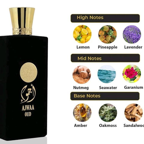Ajwaa Oud 100ml EDP by NUSUK - Top: Lemon, Pineapple and Lavender  Heart: Nutmeg, Marine and Geranium  Base: Amber, Oakmoss and Sandalwood
