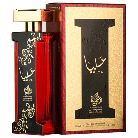 Alya 100ml EDP by Al Wataniah - Top notes are Strawberry, Litchi, Mandarin Orange and Cassis;   Middle notes are Rose, Peach, Magnolia, Freesia and Casablanca Lily;   Base notes are Dark Chocolate, Ambrette (Musk Mallow), Sandalwood and Patchouli.