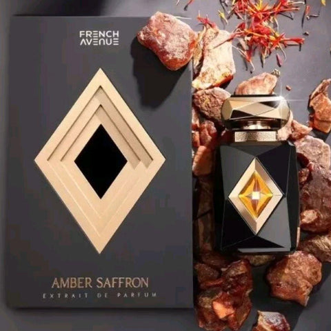 Amber Saffron 80ml EDP by French Avenue - Top notes are Saffron, Spicy Notes, Fruits, Citrus, Green Notes and Mint; middle notes are Rose, Bergamot and Jasmine; base notes are Agarwood, Woody Notes, Amber, Musk, Balsamic Notes, Tonka Bean and Patchouli