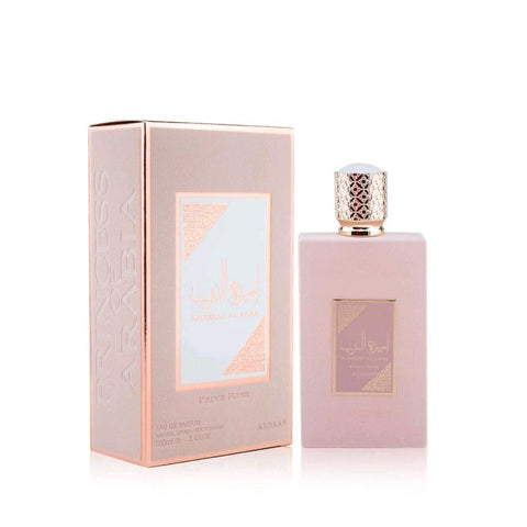 Ameerat Al Arab Prive Rose 100ml EDP - Top: Strawberry, Musk, Peach. Heart: Rose, Vanilla, Apple. Base: White Musk, Cashmere Wood