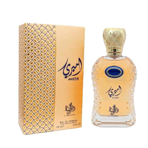 Ameeri For Him 100ml EDP by Al Wataniah - Top notes: Grapefruit, Freesia, Granny smith apple, Lilac and Blueberries.  Middle notes: Honeysuckle, Tea, Lily and Nectarine.  Base notes: Musk, Virginia cedar, Vanilla, Orchid, Plum and Redwood.