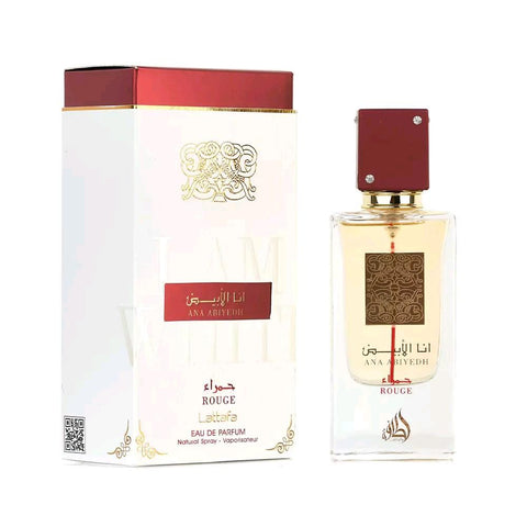 Ana Abiyedh Rouge 60ml EDP by Lattafa - Top: Saffron, Bitter Almonds  Heart: Cedar, Jasmine  Base: Musk, Wood, and Ambergris