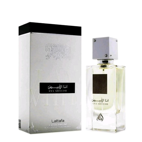 Ana Abiyedh - I am White 60ml EDP by Lattafa - Top: Woody, Vanilla and Saffron  Heart: Agarwood oud, Cardamom and Guaiac Wood  Base: Nagarmotha