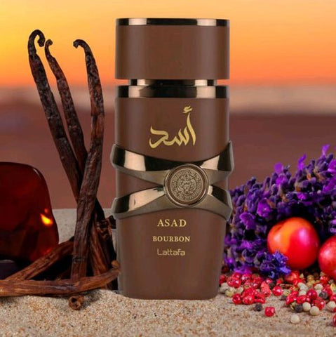 Asad Bourbon 100ml EDP by Lattafa - Top Notes: Mirabelle Plum, Pink Pepper, Lavender  Heart Notes: Nutmeg, Davana, Cacao  Base Notes: Bourbon Vanilla, Vetiver, Amber