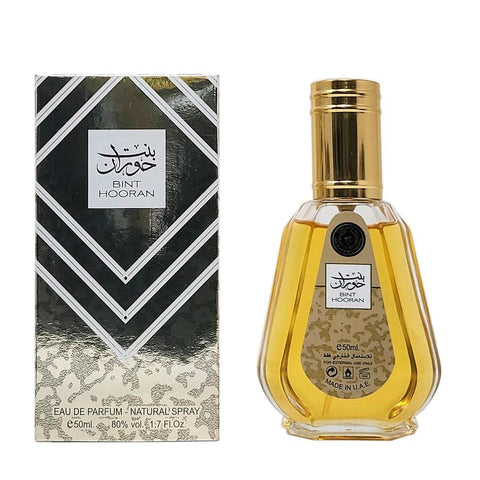 50ml Bint Hooran 50ml Spray - TRAVEL SIZE, HANDBAG AND POCKET FRIENDLY- Top Notes:  Coriander, Cypress, Mandarin, Tarragon, Yuzu, Lemon, Sage, Bergamot, Lemon and Calamus  Middle  Nutmeg, Mignonette, Ceylon Cinnamon, Bourbon Bark, Saffron, Lily of Valley