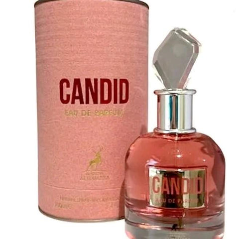 Candid 100ml EDP by Maison Alhambra - Top Notes: Honey and Tuberose  Medium / Heart Notes: Sandal Wood and Jasmine  Base Notes: Tonka Beans and Pear