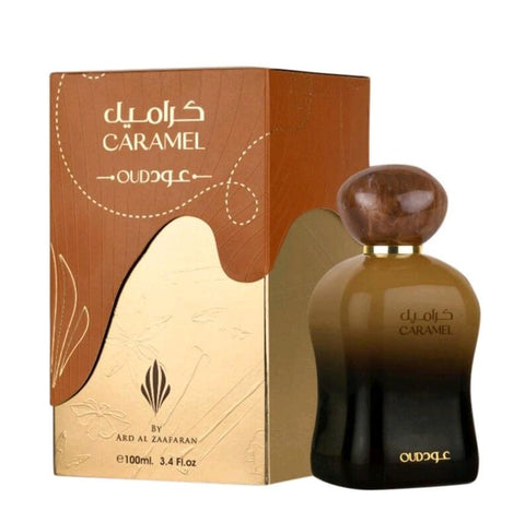 NO BOX - NO RETURN Caramel Oud EDP 100ml Spray by  Ard Al Zaafaran -  Top notes: Pear, Tangerine, Pineapple.   Middle notes: Jasmine, Gardenia, Magnolia.   Base notes: Amber, Cashmere Wood, Sandalwood, Musk, Praline