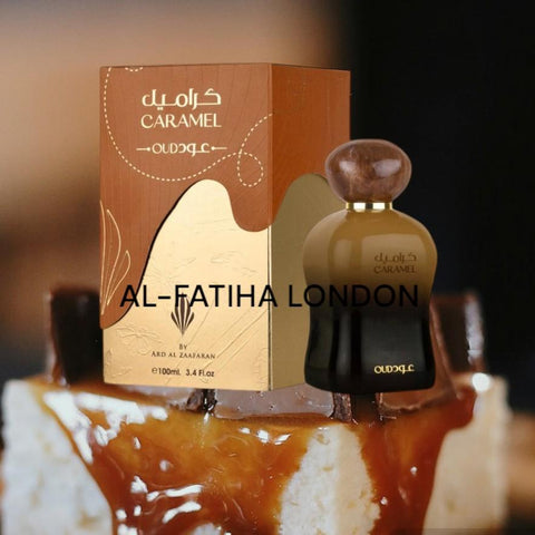 NO BOX - NO RETURN Caramel Oud EDP 100ml Spray by  Ard Al Zaafaran -  Top notes: Pear, Tangerine, Pineapple.   Middle notes: Jasmine, Gardenia, Magnolia.   Base notes: Amber, Cashmere Wood, Sandalwood, Musk, Praline