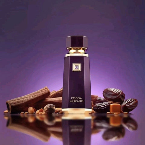 Cocoa Morado 100ml EDP French Avenue - Top notes Cinnamon, Saffron, Nutmeg, Cardamom, Ginger and Pink Pepper; middle notes are Myrrh, Sugar Cane, Davana, Agarwood, Oud, Incense, Caramel, Dates and Amberwood; base notes are Leather, Mate, Tonka, Benzoin