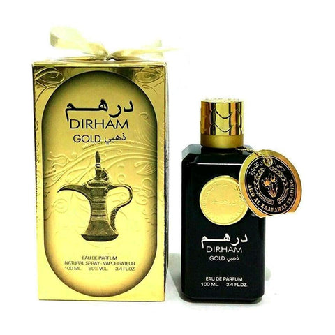 Dirham Gold Perfume 100ml EDP by Ard Al Zafraan - Top notes: Bergamot, sandalwood, vetiver, roses and jasmine.  Heart notes: Roses and vanilla  Base notes: Sweet oranges, citrus and pineapple