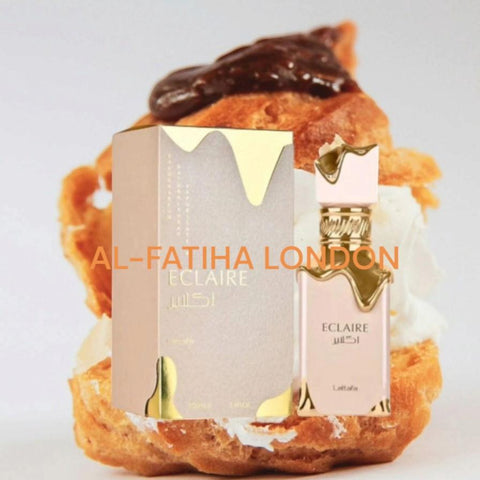 Lattafa Eclaire 100ml edp by Lattafa Perfumes - Top notes are Caramel, Milk and Sugar; middle notes are Honey and White Flowers; base notes are Vanilla, Praline & Musk