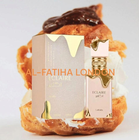 Lattafa Eclaire 100ml edp by Lattafa Perfumes - Top notes are Caramel, Milk and Sugar; middle notes are Honey and White Flowers; base notes are Vanilla, Praline & Musk