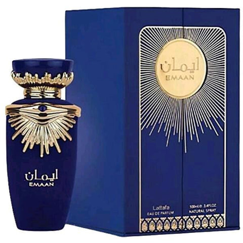 Emaan 100ml EDP by Lattafa - Top Note: Bergamot, Black Currant, Orange Blossom  Heart Note: Jasmine, Tagetes, Tuberose  Base Note: Cedar, Patchouli, Vanilla, White Musk