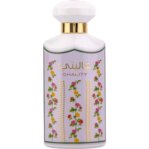 Ghality 100ml EDP by Ard Al Zaafaran - Top: Bergamot and Orange . Heart: Rose, Vetiver, Iris and Patchouli . Base: Musk, Caramel, Vanilla, Tonka Bean and Oud.