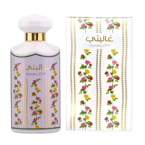 Ghality 100ml EDP by Ard Al Zaafaran - Top: Bergamot and Orange . Heart: Rose, Vetiver, Iris and Patchouli . Base: Musk, Caramel, Vanilla, Tonka Bean and Oud.