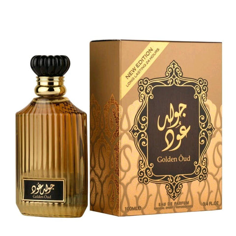 Golden Oud Perfume 100ml EDP by Asdaaf - Top: Fruity Notes, Amber, Sandalwood  Heart: Oud, Violet, Patchouli  Base: Amber, Oakmoss, Vetiver, Caramel, Musk, Vanilla