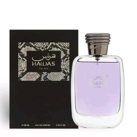 Hawas for Him 100ml EDP by Rasasi - Top Notes: Bergamot, Apple, Lemon, Cinnamon  Middle Notes: Orange Blossom, Cardamom, Plum  Base Notes: Patchouli, Grey Amber, Drift-Wood, Musk