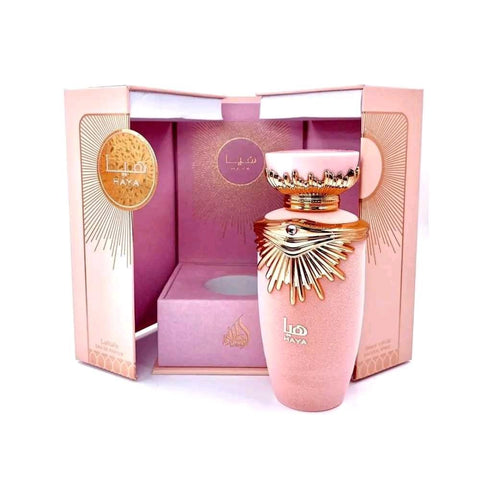 Haya 100ml EDP by Lattafa - Top Note: Pink Berries, Pink Freesia, Red Orange, Tangerine  Heart Note: Gardenia, Jasmine, Vanilla Orchid  Base Note: Ambergris, Sandalwood