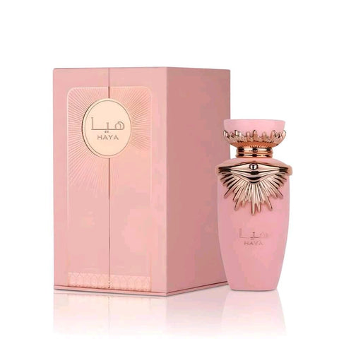 Haya 100ml EDP by Lattafa - Top Note: Pink Berries, Pink Freesia, Red Orange, Tangerine  Heart Note: Gardenia, Jasmine, Vanilla Orchid  Base Note: Ambergris, Sandalwood