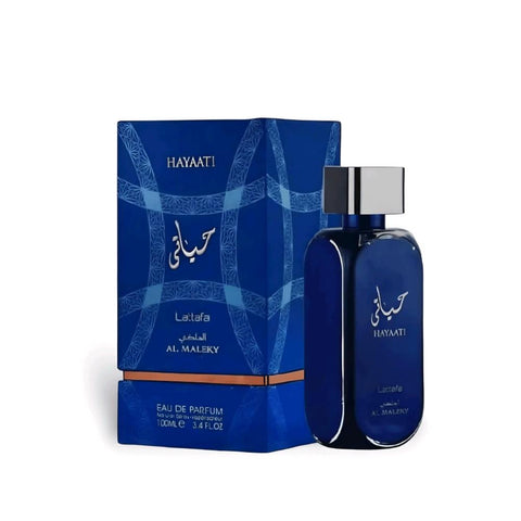 Hayaati Al Maleky 100ml EDP by Lattafa - Top Notes: Nutmeg, Pink Pepper, Ginger, Bergamot  Heart Notes: Cedar, Labdanum, Woody Notes, Harmonious  Base Notes: Amber, Musk and Ambergris