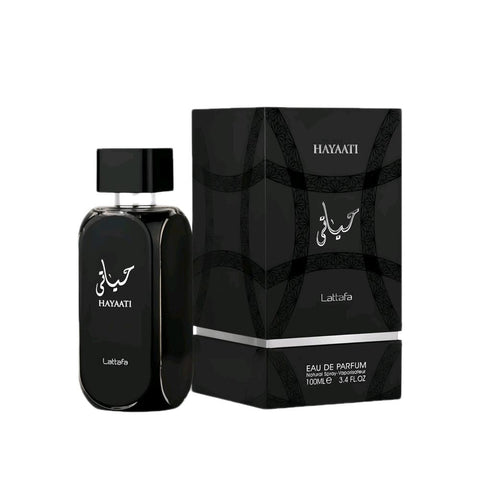 Hayaati 100ml EDP by Lattafa - Top Notes: Nutmeg, Pink Pepper, Ginger, & Bergamot  Heart Notes: Incense, Cedar, Labdanum, & Woody Notes  Base Notes: Amber, Musk, & Ambergris