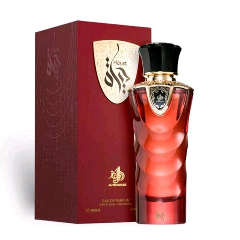 Hayat Perfume 100ml EDP by Al Wataniah - Top Notes: Cinnamon, Nutmeg, Bergamot  Middle Notes: Dates, Praline, Tuberose, Mahonia  Base Notes: Vanilla, Tonka Beans, Benzoin, Amberwood, Myrrh, Akigalawood