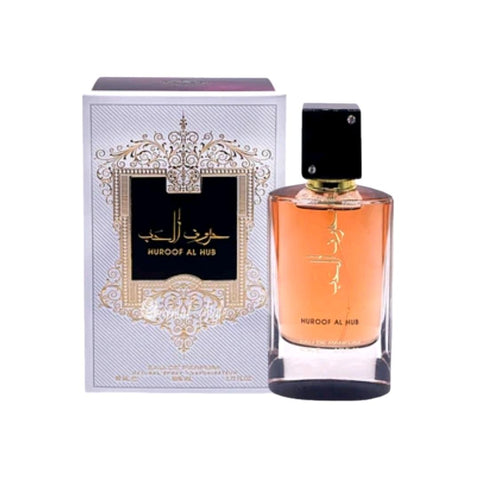 Huroof Al Hub 100ml EDP by Ard Al Zaafran - Top notes: Soft and fruity notes of pears and blackcurrant.   Heart notes: Jasmine, iris and orange blossom.  Base notes: praline, tonka, patchouli and vanilla.