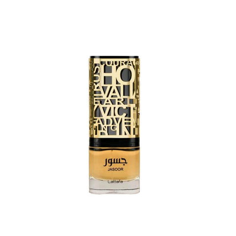 Jasoor 100ml EDP by Lattafa - Top notes: Bergamot, Cardamom, Pepper, Cinnamon  Heart notes: Lavender, Geranium  Base notes: Tonka, Vetiver, Leather, Patchouli