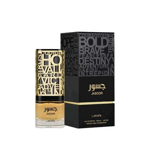 Jasoor 100ml EDP by Lattafa - Top notes: Bergamot, Cardamom, Pepper, Cinnamon  Heart notes: Lavender, Geranium  Base notes: Tonka, Vetiver, Leather, Patchouli