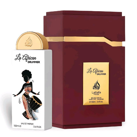 La African Drummer 100ml EDP by Lattafa Pride - Top Notes: Bergamot, Coconut  Heart Notes: Jasmine, Orange Blossom, Ylang-Ylang  Base Notes: Ambroxan, Vanilla, Musk