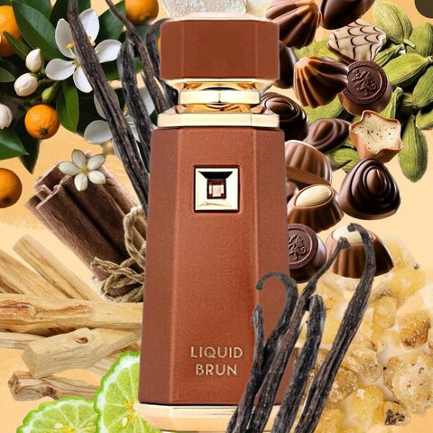 Liquid Brun by French Avenue 100ml EDP - Top notes are Cinnamon, Orange Blossom, Cardamom, and Bergamot; middle notes are Bourbon Vanilla and elemi; base notes are Praline, Ambroxan, Guaiac Wood and Musk