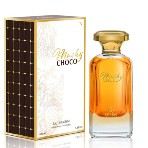Musky Choco 100ml EDP by Adams - Top notes: Musk, Chocolate, Cocoa  Heart notes: Oriental Spices, Vanilla, Rose   Base notes: Amber, Myrrh, Sandalwood