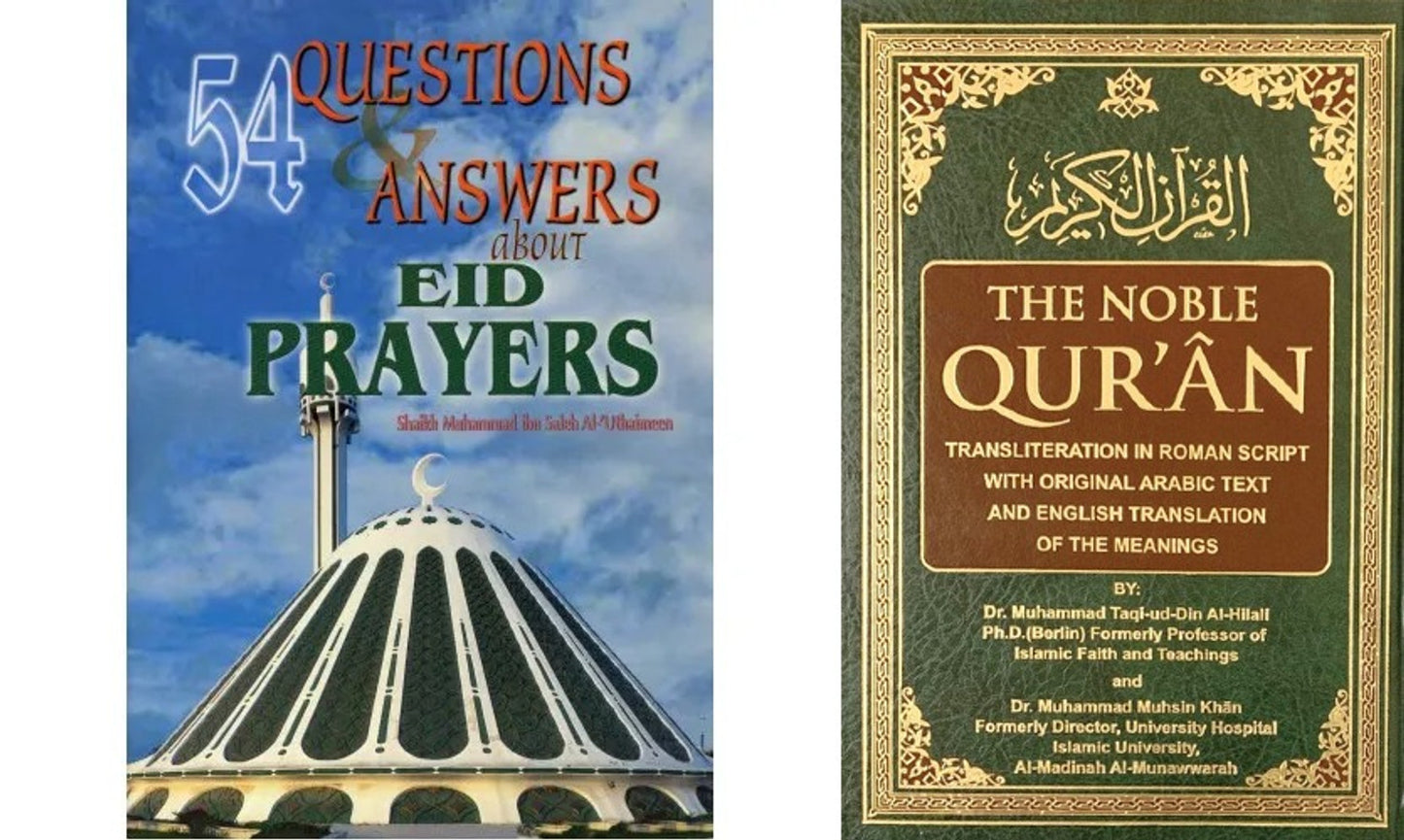 Noble Quran with Transliteration in Roman Script (White Paper) with free 54 Questions and Answers about Eid Prayers