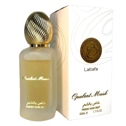 Opulent Musk 50ml Perfumed hair mist by Lattafa - Top: White Musk, Saffron, Citrus Notes Heart: Jasmine, White Flowers, White Musk Base: Sandalwood, Cedar Resin, Fir Resin, Amber, White Musk