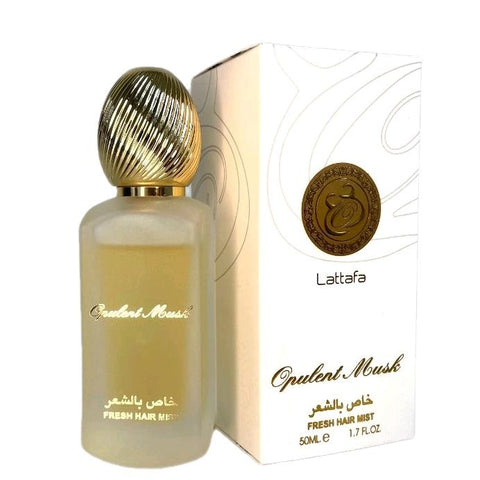 Opulent Musk 50ml Perfumed hair mist by Lattafa - Top: White Musk, Saffron, Citrus Notes Heart: Jasmine, White Flowers, White Musk Base: Sandalwood, Cedar Resin, Fir Resin, Amber, White Musk