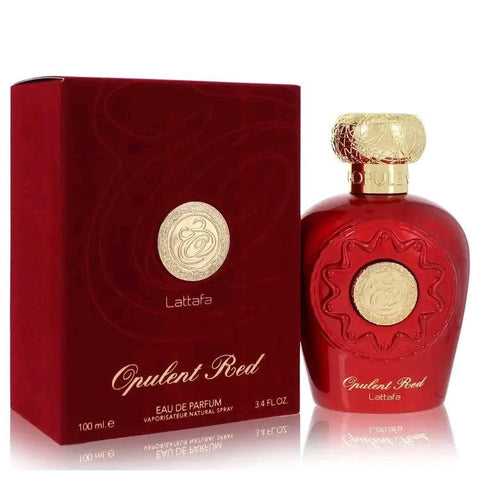 Opulent Red 100ml EDP by Lattafa - Top Notes: Peaches, Red Oranges, Cardamom  Heart Notes: Heliotrope, Rum, Cognac, Jasmine  Base Notes:  Sandalwood, Resins, Cashmeran, Vanilla, Tonka beans, Labdanum, Patchouli