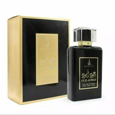 Oud Aswad 100ml EDP by Khalis - Top Notes: Woody, Saffron, Thyme, Rose  Middle Notes: Corriander, Cumin, Rose, Jasmine, Patchouli, Agarwood  Base Notes: Musk, Sandalwood, Leather, Agarwood, Amber, Vanilla