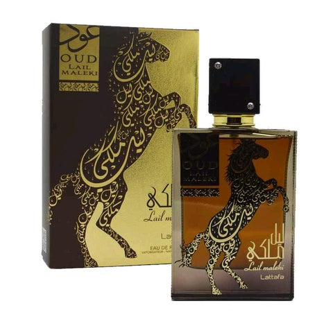 Oud Lail Maleki 100ml EDP by Lattafa - Top Notes: Fruits, Citrus, & Spices  Middle Notes: Jasmine, Gardenia, Orchid, & Honey  Base Notes: Sandalwood, Amber, Musk, Caramel, Oud