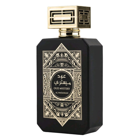 Oud Mystery Intense 100ml EDP by Al Wataniah - Top: Saffron, Leather, Caramel, Red Berries and Peach  Heart: Cypriol Oil or Nagarmotha, Pink Pepper, Labdanum, Woodsy Notes and Ginger  Base: Agarwood (Oud), Patchouli, Vanilla, Benzoin, Musk and Peru Balsam