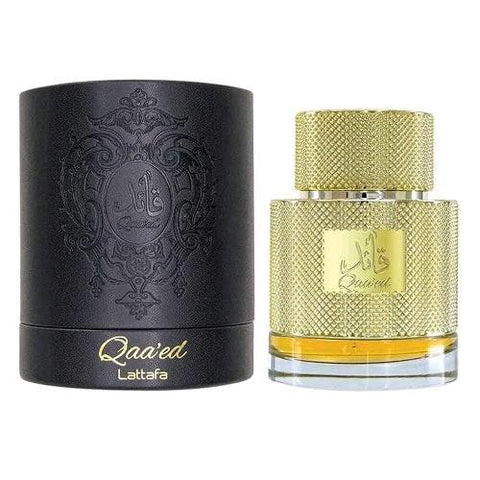 Qaa'ed 100ml EDP  by Lattafa Perfumes - Top notes: Cinnamon, Cardamom and Bergamot  Middle notes: Saffron, Sandalwood, Cedar and Carnation  Base notes: Vanilla, Agarwood (Oud), Leather and Amber