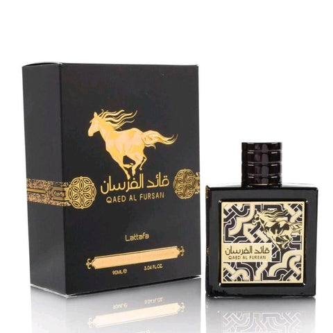 Qaed Al Fursan Men 90ml EDP by Lattafa - Top: Pineapple, Bergamot, Currant and Apple Heart: Black Birch and Wood Base: Jasmine, Patchouli and Rose