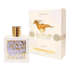 Qaed Al Fursan Unlimited 90ml EDP by Lattafa - Top notes: Bergamot, Berries, Apple, Black Birch, Fresh Wood.  Heart notes: Jasmine, Patchouli, Roses.  Base notes: Amber, Vanilla, Oak Moss And Rich Musk.